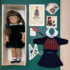 American Girl Molly Doll w/ Green Christmas Dress, Original Outfit & Accessories